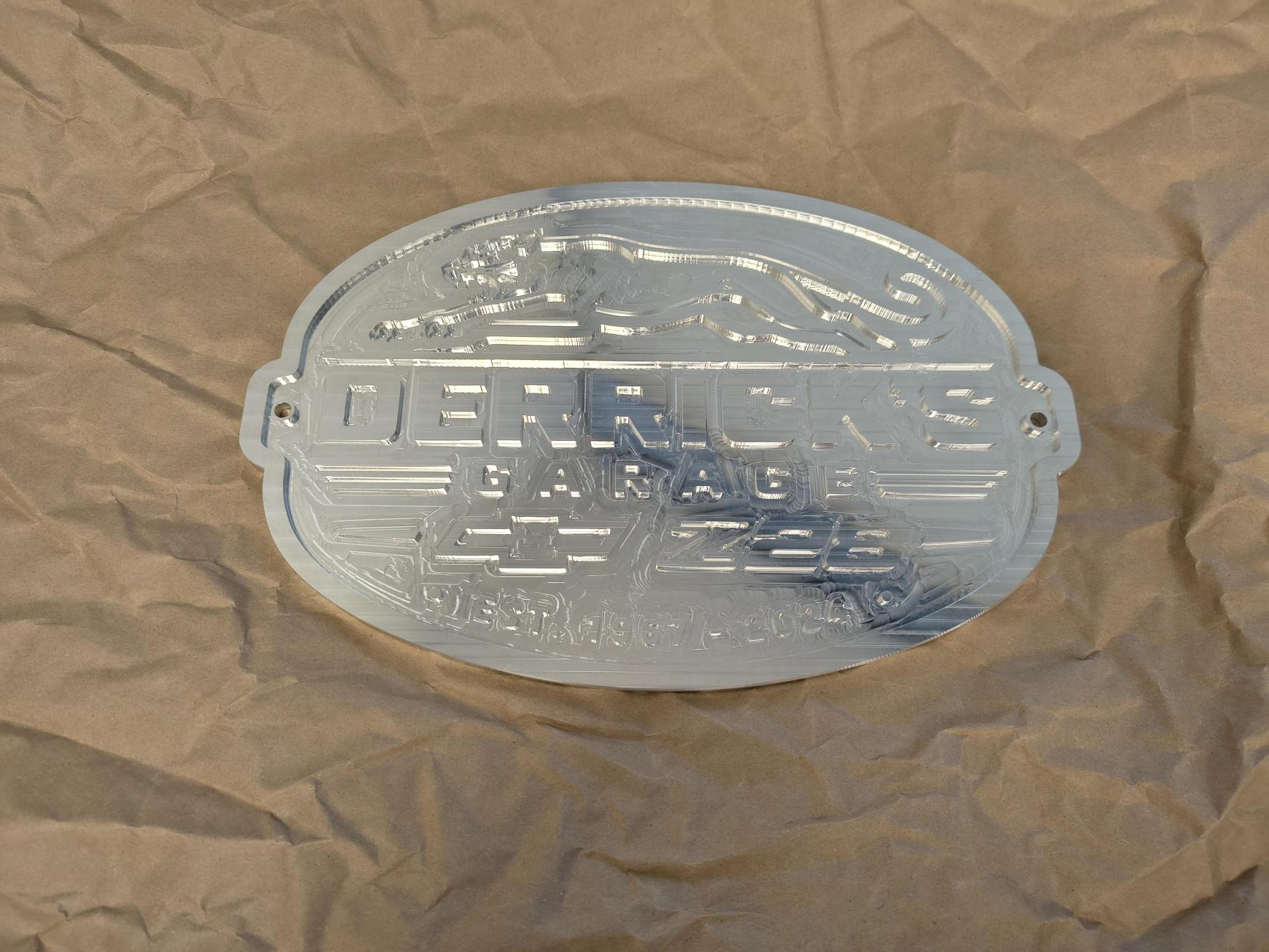 Custom CNC machined metal shop sign Derrick's Garage BD Manufacturing Northeast Florida